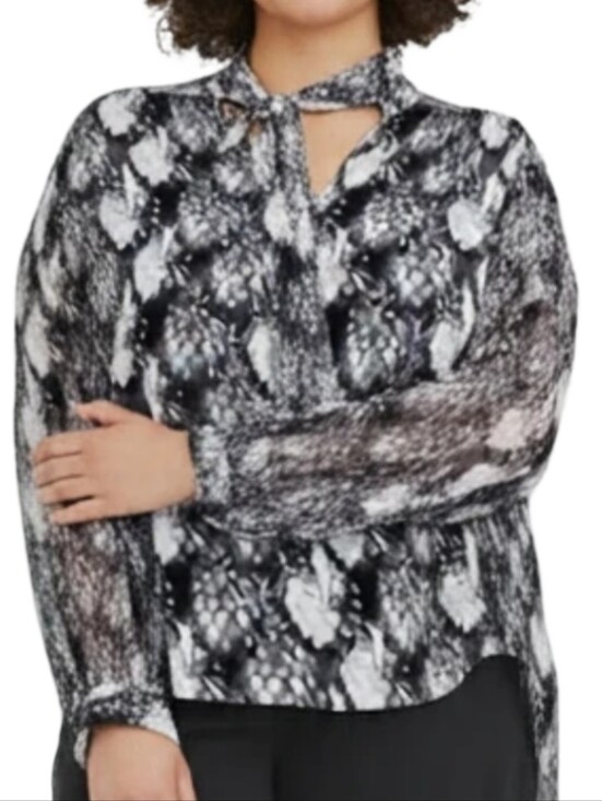 Worthington Woman Tops - Worthington Womens Plus-Size Black and White Snake-Print Tie-Neck Blouse Size 0X